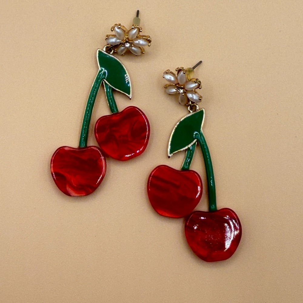Red Cherry Dangle Earrings Pearl Flower Green Enamel Coquette Statement Gift - Picture 10 of 15